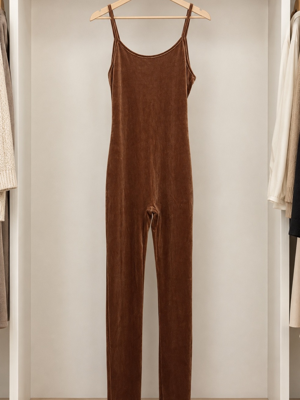 Brown Velvet Spaghetti Strap Jumpsuit